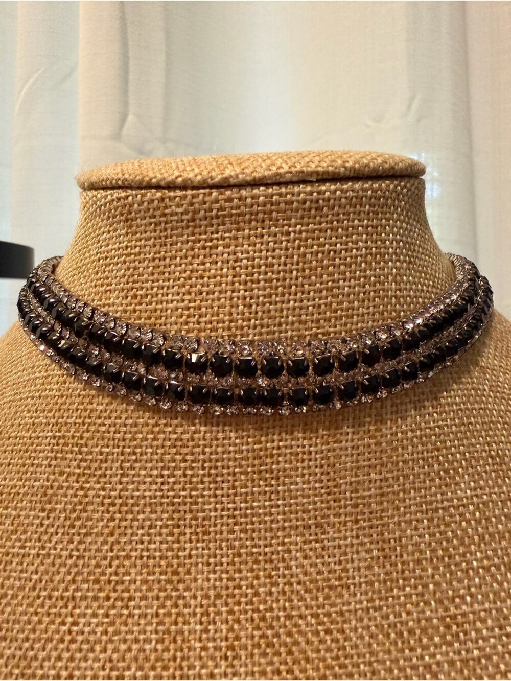 Natasha Choker Statement Necklace Black & Clear Rhinestones #945 up to 17”